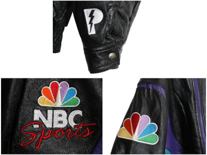 00s NBC SPORTS フルジップ 本革 レザー ジャケット メンズ M オールド 企業物 プロプレイヤー 革ジャン 中綿 キルティング ジャンパー 黒