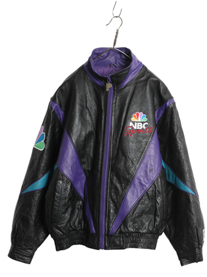 00s NBC SPORTS フルジップ 本革 レザー ジャケット メンズ M オールド 企業物 プロプレイヤー 革ジャン 中綿 キルティング ジャンパー 黒