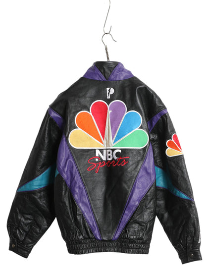 00s NBC SPORTS フルジップ 本革 レザー ジャケット メンズ M オールド 企業物 プロプレイヤー 革ジャン 中綿 キルティング ジャンパー 黒