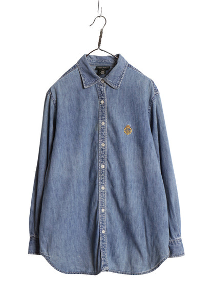 90s ラルフローレン ジーンズ デニム 長袖 シャツ レディース XL ポロ オールド コットン カジュアル シンプル ワンポイント 大きいサイズ