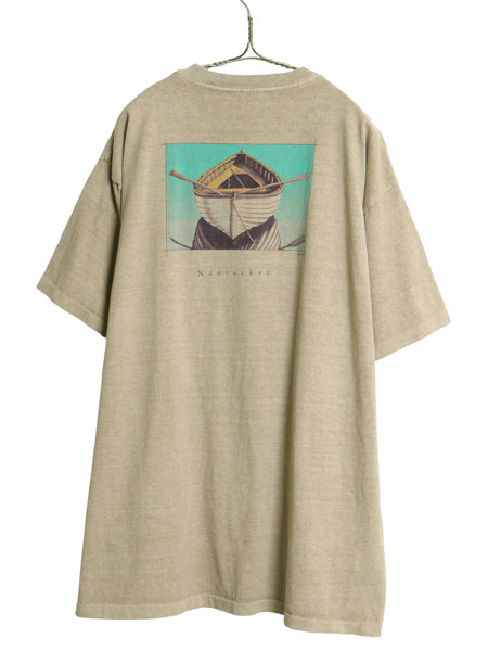 90s USA製 アート イラスト 両面 プリント Tシャツ メンズ XL 程/ オールド ボート ヘビーウェイト シングルステッチ 大きいサイズ カーキ