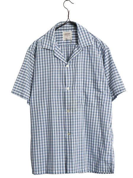 60s 70s ★ アロー チェック オープンカラー シャツ メンズ M / 古着 ヴィンテージ ループ留め 開襟 ボックス 半袖シャツ ノーアイロン 青