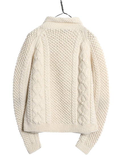 70s ハンドメイド ウール ケーブル ニット カーディガン レディース M 程 ヴィンテージ セーター ジャケット ポップコーン ナチュラル 無地