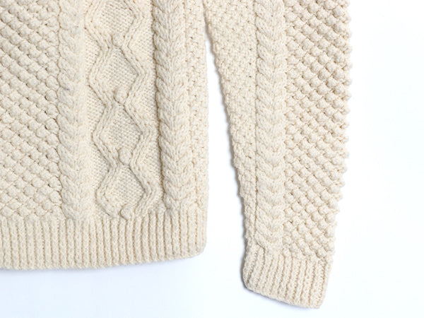 70s ハンドメイド ウール ケーブル ニット カーディガン レディース M 程 ヴィンテージ セーター ジャケット ポップコーン ナチュラル 無地