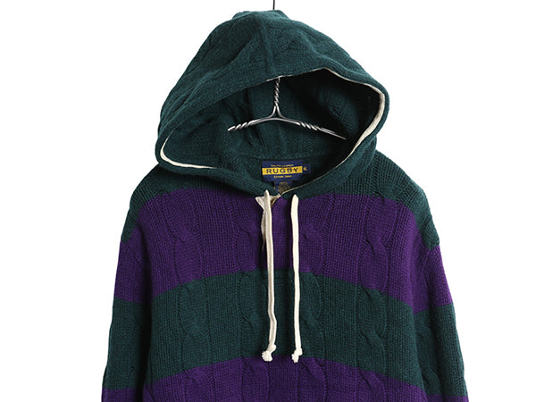 ラグビー ラルフローレン ケーブル ニット パーカー メンズ XL / 古着 ポロ ラガーシャツ タイプ ツートン ボーダー セーター 大きいサイズ