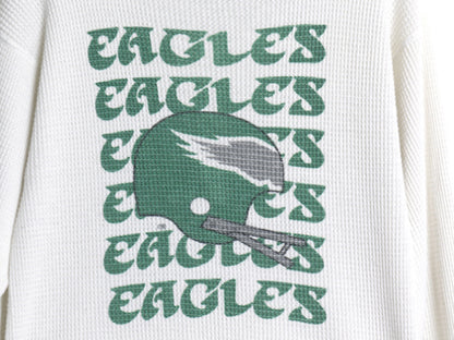 80s USA製 イーグルス イラスト プリント 長袖 サーマル Tシャツ メンズ XL 小さめ L 程 ヴィンテージ 当時物 NFL アメフト リンガー ロンT