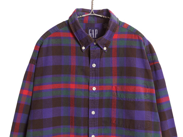 90s オールド ギャップ チェック 長袖 ボタンダウン シャツ メンズ XL 紺タグ コットン 大きいサイズ ポケット付き ゆったり マルチカラー
