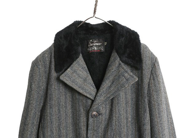 70s シアーズ ギャング コート 42 メンズ L 古着 ヴィンテージ ツイード ウール 裏ボア パイル ハーフコート チェスターコート ストライプ