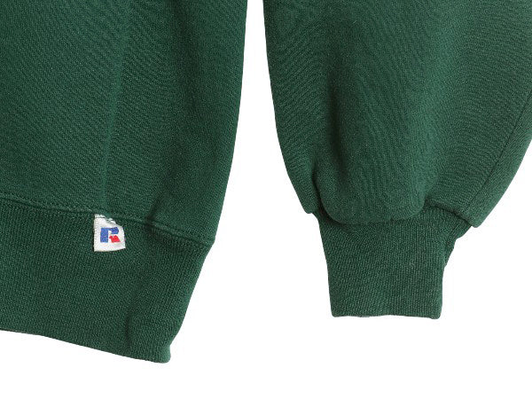 90s USA製 ラッセル 無地 スウェット メンズ レディース L 古着 オールド トレーナー 前V 裏起毛 ワンポイント ブランク トップス グリーン