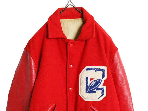 60s ★ HOWE 袖レザー ウール スタジャン メンズ L 程/ ヴィンテージ 襟付き サガラ ワッペン レタード アワード ジャケット ブルゾン 赤