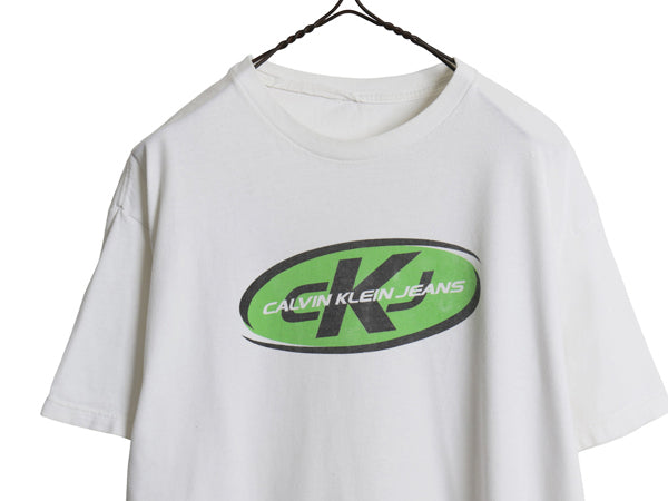00s ☆ カルバンクライン ジーンズ オーバル ロゴ プリント Tシャツ メンズ M 程 古着 オールド 当時物 CK グラフィック カットソー Y2K 白