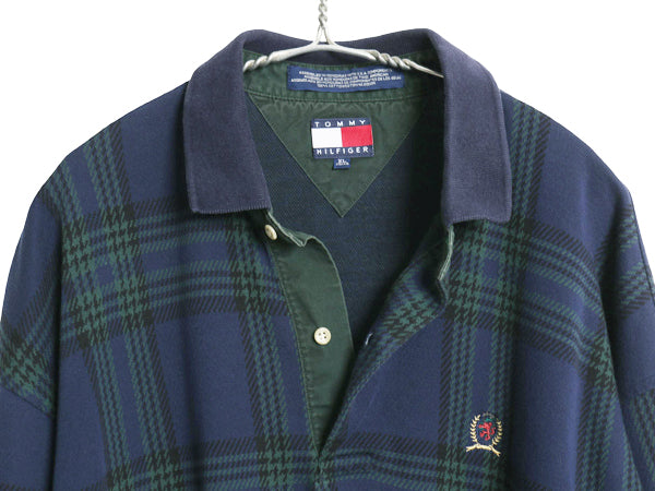 90s トミーヒルフィガー チェック 長袖 ポロシャツ メンズ XL / 古着 オールド コットン ボックス 長袖シャツ ワンポイント 大きいサイズ