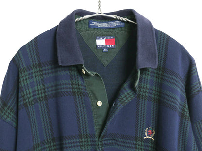 90s トミーヒルフィガー チェック 長袖 ポロシャツ メンズ XL / 古着 オールド コットン ボックス 長袖シャツ ワンポイント 大きいサイズ