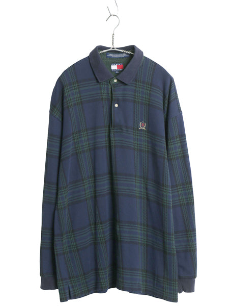 90s トミーヒルフィガー チェック 長袖 ポロシャツ メンズ XL / 古着 オールド コットン ボックス 長袖シャツ ワンポイント 大きいサイズ