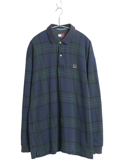 90s トミーヒルフィガー チェック 長袖 ポロシャツ メンズ XL / 古着 オールド コットン ボックス 長袖シャツ ワンポイント 大きいサイズ