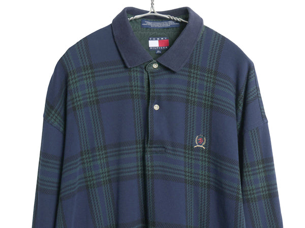 90s トミーヒルフィガー チェック 長袖 ポロシャツ メンズ XL / 古着 オールド コットン ボックス 長袖シャツ ワンポイント 大きいサイズ