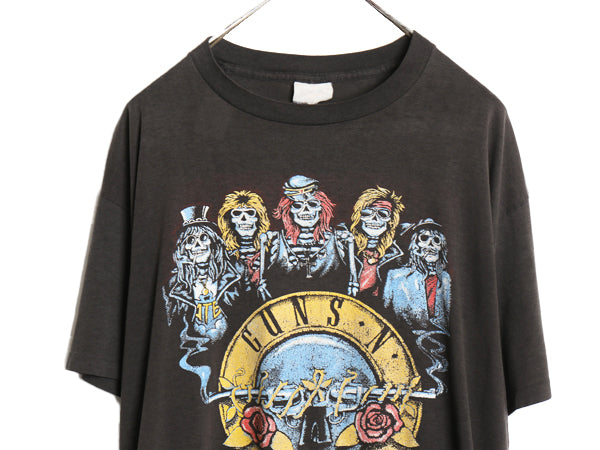 80s USA製 ★ ガンズアンドローゼス イラスト プリント Tシャツ メンズ XL 程/ ヴィンテージ 当時物 スカル グラフィック バンド ロック 黒