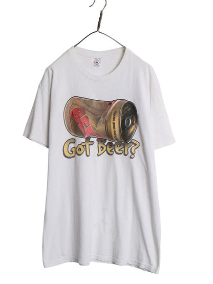 90s パロディ ビール 両面 イラスト プリント 半袖 Tシャツ メンズ L / オールド 当時物 グラフィック アート ヘビーウェイト コットン 白