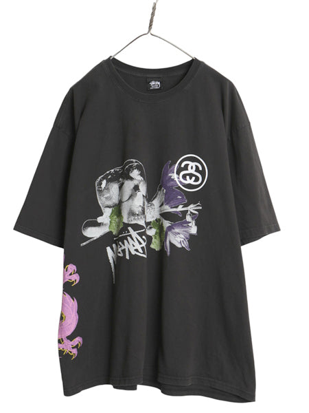 ステューシー 両面 イラスト プリント Tシャツ メンズ XXL 古着 ヘビーウェイト スカル グラフィック アート 半袖Tシャツ 大きいサイズ 黒