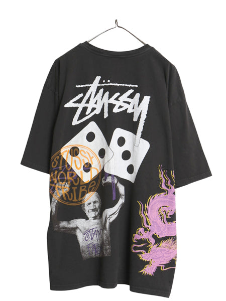 ステューシー 両面 イラスト プリント Tシャツ メンズ XXL 古着 ヘビーウェイト スカル グラフィック アート 半袖Tシャツ 大きいサイズ 黒