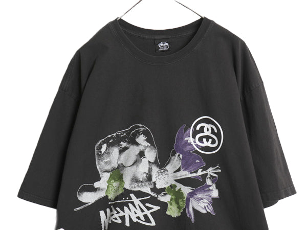 ステューシー 両面 イラスト プリント Tシャツ メンズ XXL 古着 ヘビーウェイト スカル グラフィック アート 半袖Tシャツ 大きいサイズ 黒