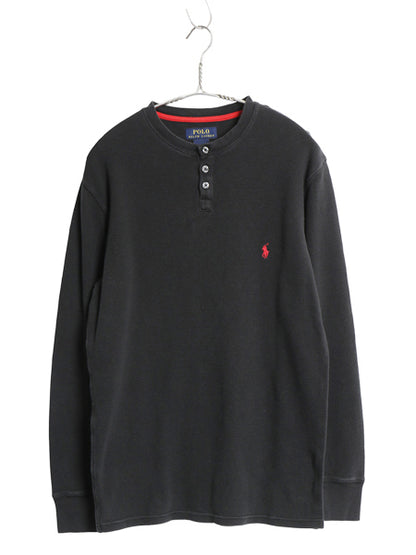 ポロ ラルフローレン 長袖 サーマル Tシャツ メンズ M / ロンT ワッフル ワンポイント ポニー インナー カットソー ヘンリーネック 黒 無地