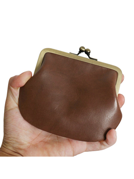 GRAB オリジナル ハンドメイド 本革 レザー がま口 財布 (大) / 新品 小物 ウォレット パース 小銭入れ コインケース ブラス 無地 ブラウン