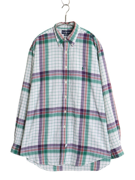 90s ラルフローレン チェック 長袖 ボタンダウン シャツ メンズ L 古着 オールド ポロ 長袖シャツ オックスフォード コットン ワンポイント