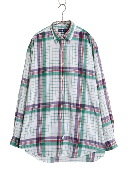 90s ラルフローレン チェック 長袖 ボタンダウン シャツ メンズ L 古着 オールド ポロ 長袖シャツ オックスフォード コットン ワンポイント