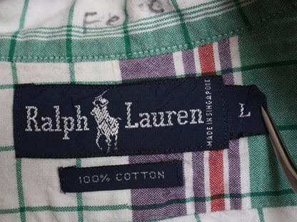90s ラルフローレン チェック 長袖 ボタンダウン シャツ メンズ L 古着 オールド ポロ 長袖シャツ オックスフォード コットン ワンポイント