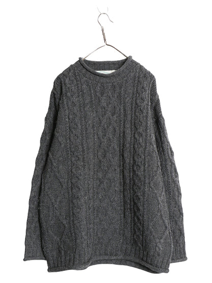 アイルランド製 aran crafts フィッシャーマン ニット セーター メンズ レディース L / ウール アラン ケーブル ローゲージ ロールネック 