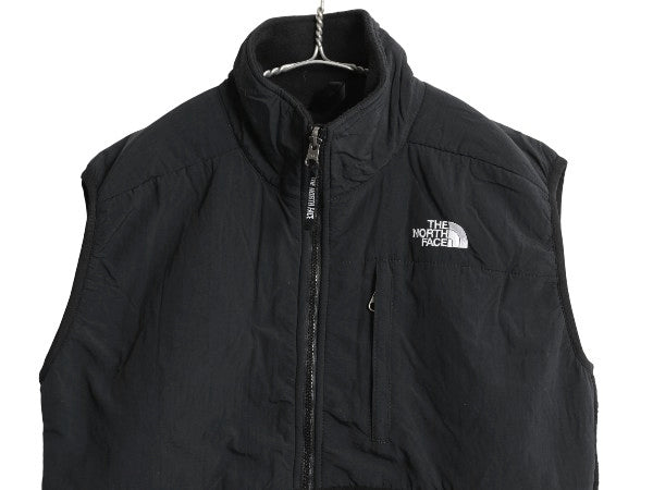 90s USA製 ノースフェイス デナリ ベスト レディース M オールド 前開き 重ね着 フルジップ フリース ナイロン ワンポイント ハイネック 黒