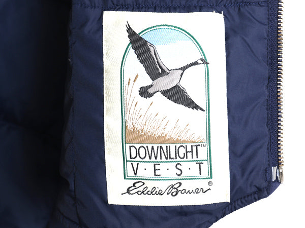 80s 90s ★ エディーバウアー ダウン ベスト メンズ S 古着 オールド ヴィンテージ 黒タグ 重ね着 前開き フルジップ キルティング 無地 青