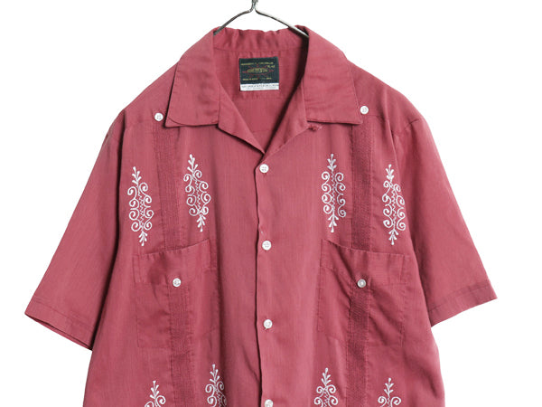 70s 80s ★ オープンカラー 半袖 キューバ シャツ メンズ XL / 古着 ヴィンテージ メキシカン グアヤベーラ ループ留め 開襟 バーガンディ