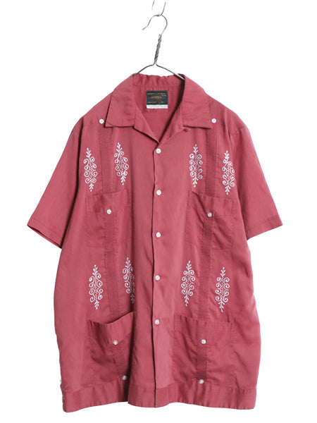 70s 80s ★ オープンカラー 半袖 キューバ シャツ メンズ XL / 古着 ヴィンテージ メキシカン グアヤベーラ ループ留め 開襟 バーガンディ