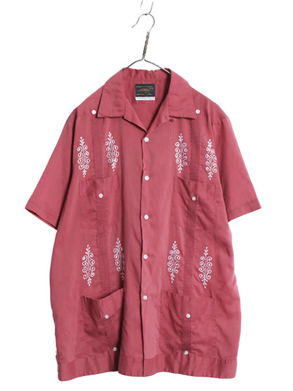 70s 80s ★ オープンカラー 半袖 キューバ シャツ メンズ XL / 古着 ヴィンテージ メキシカン グアヤベーラ ループ留め 開襟 バーガンディ