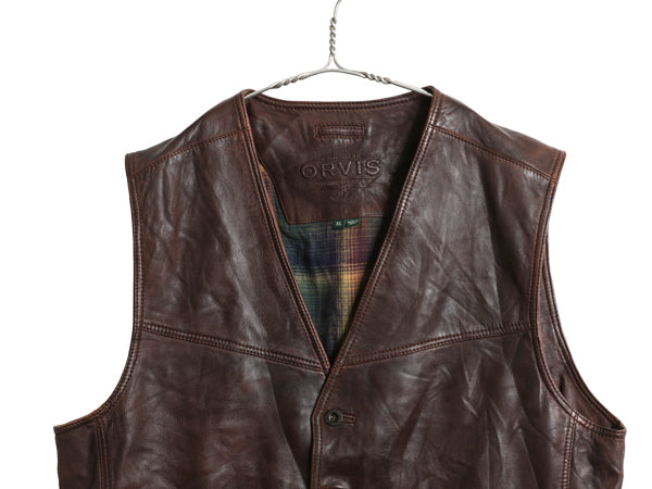 オービス 本革 レザー ベスト メンズ XL 古着 アウトドア ラムレザー チェック フランネル ライナー付き 重ね着 シンプル 大きいサイズ 茶