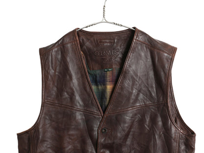 オービス 本革 レザー ベスト メンズ XL 古着 アウトドア ラムレザー チェック フランネル ライナー付き 重ね着 シンプル 大きいサイズ 茶