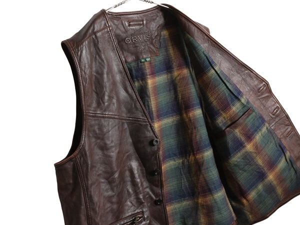 オービス 本革 レザー ベスト メンズ XL 古着 アウトドア ラムレザー チェック フランネル ライナー付き 重ね着 シンプル 大きいサイズ 茶