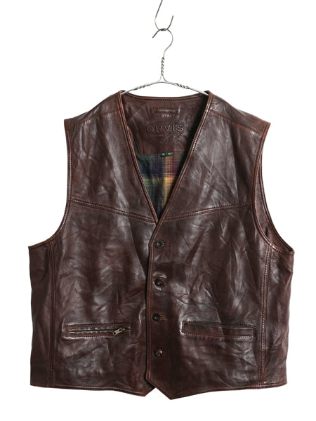 オービス 本革 レザー ベスト メンズ XL 古着 アウトドア ラムレザー チェック フランネル ライナー付き 重ね着 シンプル 大きいサイズ 茶