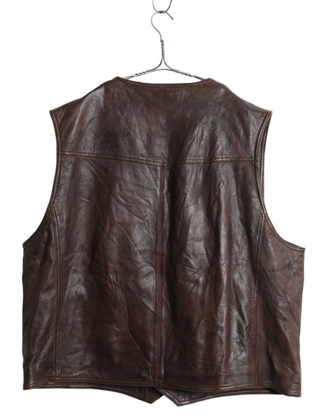 オービス 本革 レザー ベスト メンズ XL 古着 アウトドア ラムレザー チェック フランネル ライナー付き 重ね着 シンプル 大きいサイズ 茶