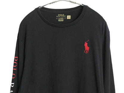 ミドルポニー ポロ ラルフローレン 長袖 Tシャツ メンズ L ロンT ロングスリーブ 袖プリント ワンポイント カットソー シングルステッチ 黒