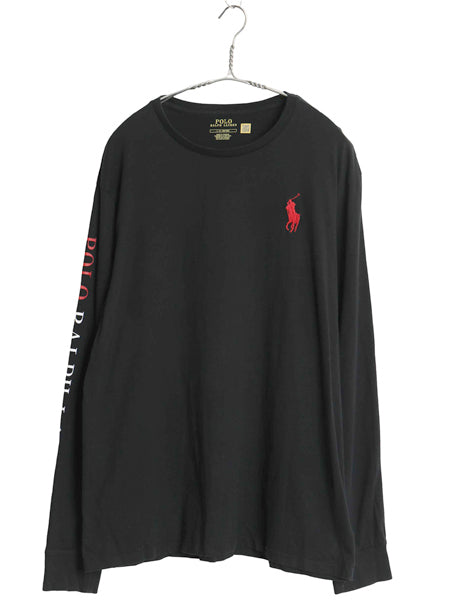ミドルポニー ポロ ラルフローレン 長袖 Tシャツ メンズ L ロンT ロングスリーブ 袖プリント ワンポイント カットソー シングルステッチ 黒