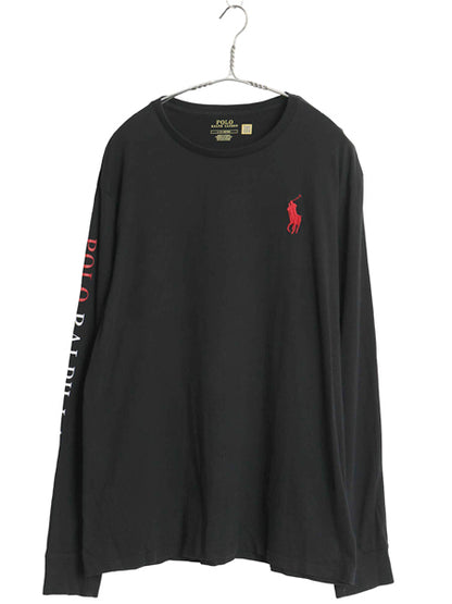 ミドルポニー ポロ ラルフローレン 長袖 Tシャツ メンズ L ロンT ロングスリーブ 袖プリント ワンポイント カットソー シングルステッチ 黒