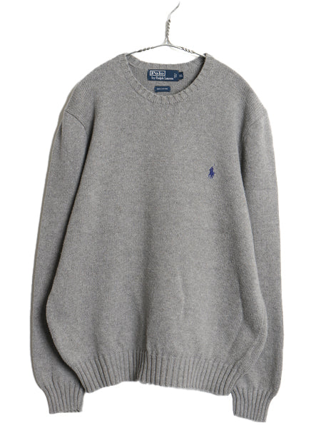 00s ポロ ラルフローレン コットン ニット セーター メンズ XL オールド 長袖ニット ワンポイント クルーネック シンプル 大きいサイズ 灰