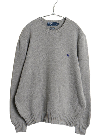 00s ポロ ラルフローレン コットン ニット セーター メンズ XL オールド 長袖ニット ワンポイント クルーネック シンプル 大きいサイズ 灰
