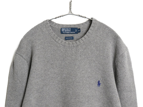 00s ポロ ラルフローレン コットン ニット セーター メンズ XL オールド 長袖ニット ワンポイント クルーネック シンプル 大きいサイズ 灰
