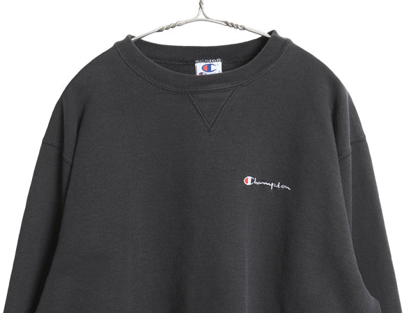 90s チャンピオン ワンポイント スウェット メンズ レディース XL オールド 裏起毛 トレーナー 前V スクリプト ロゴ ブラック 大きいサイズ