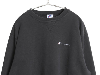 90s チャンピオン ワンポイント スウェット メンズ レディース XL オールド 裏起毛 トレーナー 前V スクリプト ロゴ ブラック 大きいサイズ