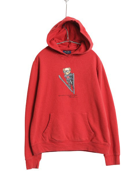 ポロベア ポロ ラルフローレン プリント スウェット フード パーカー メンズ レディース S 程 トレーナー 裏起毛 前V キャラクター レッド